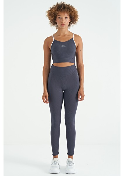 Antrasit Sırt Çapraz Detaylı Logo Baskılı Dar Kalıp Fitilli Kadın Büstiyer - 97274