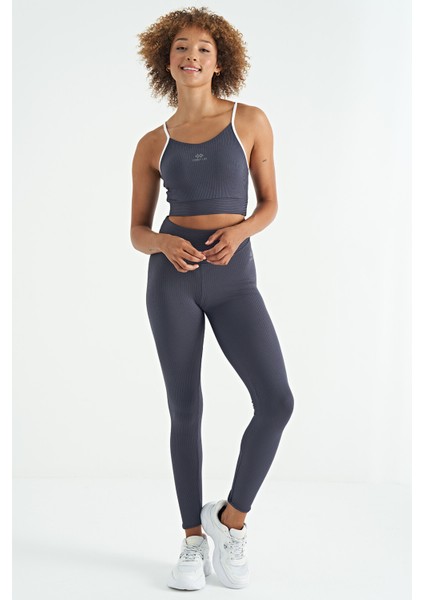 Antrasit Sırt Çapraz Detaylı Logo Baskılı Dar Kalıp Fitilli Kadın Büstiyer - 97274