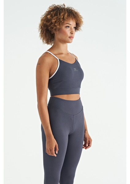 Antrasit Sırt Çapraz Detaylı Logo Baskılı Dar Kalıp Fitilli Kadın Büstiyer - 97274