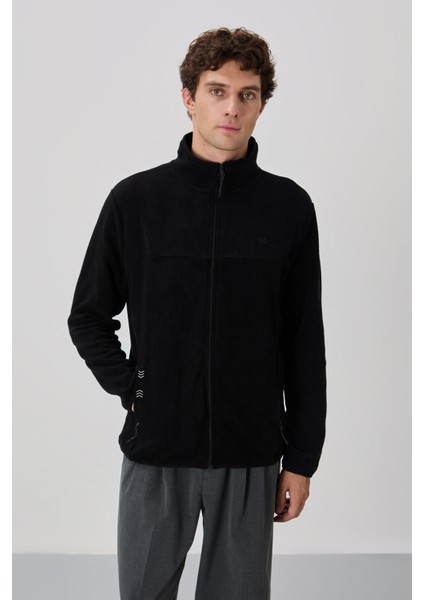 Siyah Yazı Nakışlı Dik Yaka Fermuarlı Standart Kalıp Erkek Sweatshirt Polar - 87992