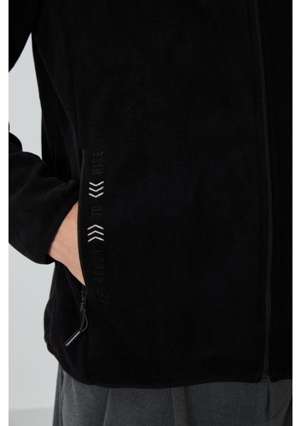 Siyah Yazı Nakışlı Dik Yaka Fermuarlı Standart Kalıp Erkek Sweatshirt Polar - 87992