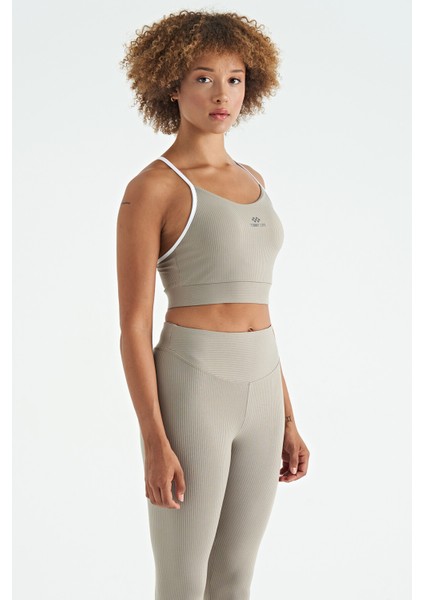 Zeytin Yeşil Sırt Çapraz Detaylı Logo Baskılı Dar Kalıp Fitilli Kadın Büstiyer - 97274