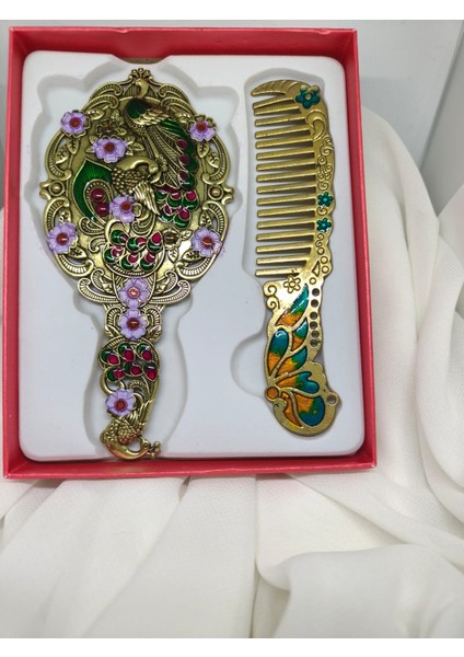 Lüks Çiçekli Tavus Kuşu Motifli Vintage Ayna ve Tarak Seti