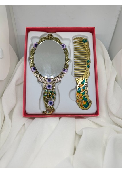 Lüks Çiçekli Tavus Kuşu Motifli Vintage Ayna ve Tarak Seti fiyatları
