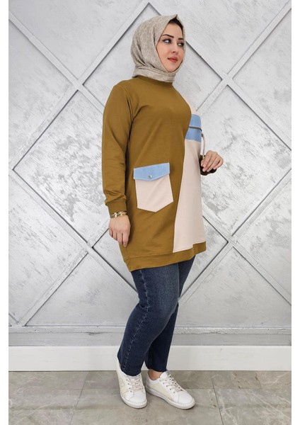 Kadın Kombinli Taş ve Fermuar Detaylı Tesettür Tunik