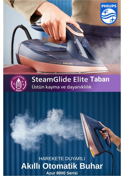 Azur Yenilendi, 8000 Serisi Azur Buharlı Ütü, Kumaşa Göre Otomatik Akıllı Buhar 3000W + Tiftik Toplayıcı modelleri