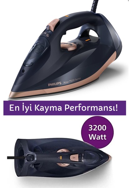 7500 Serisi Buharlı Ütü, 3200W, 55G/DK Sürekli Buhar, Steamglide Elite Taban, 260G Şok Buhar + Tiftik Toplayıcı