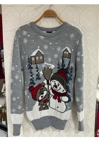 Kadın Yılbaşı Temalı Kardan Adam ve Ayıcık Desenli Triko Kazak fiyatları