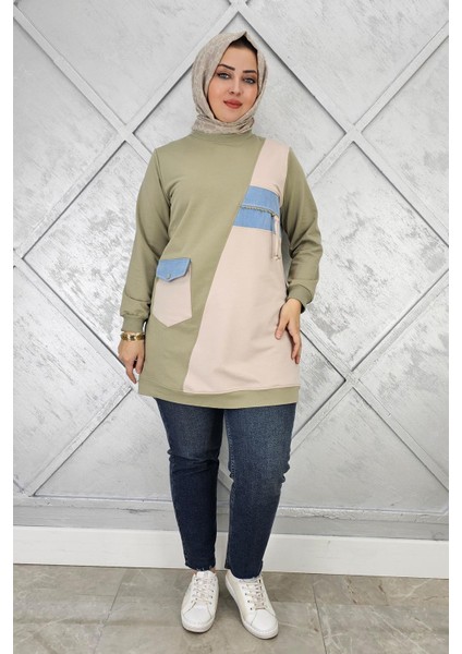 Kadın Kombinli Taş ve Fermuar Detaylı Tesettür Tunik