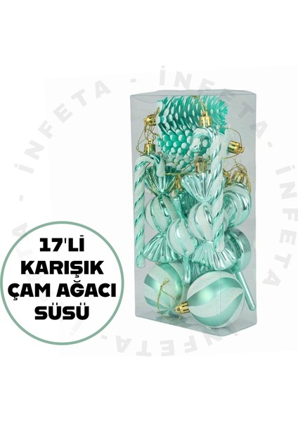 17'li Karışık Lüks Yılbaşı Çam Ağacı Süsü Yeşil Noel Şeker Kamışı Süsü