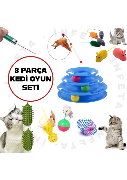 8'li Kedi Oyun Seti-Oyun Topları ,oltası ,lazeri ,kaşınma Tarağı ,kurmalı Fare,3 Katlı Oyuncak