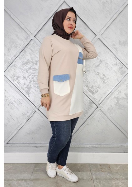 Kadın Kombinli Taş ve Fermuar Detaylı Tesettür Tunik