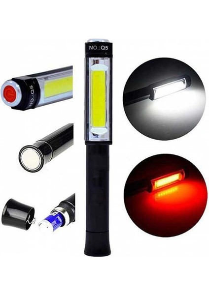 Q5 Pilli Mıknatıslı Cob LED Çalışma Tamir Kırmızı Işık El Feneri