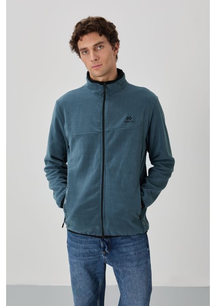 Petrol Yazı Nakışlı Dik Yaka Fermuarlı Standart Kalıp Erkek Sweatshirt Polar - 87992