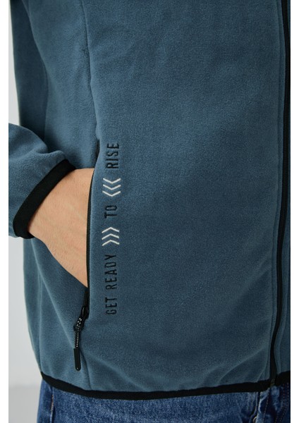 Petrol Yazı Nakışlı Dik Yaka Fermuarlı Standart Kalıp Erkek Sweatshirt Polar - 87992