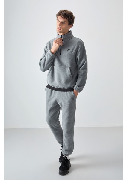 Gri Melanj Yarım Fermuar Dik Yaka Lastik Paça Polar Erkek Eşofman Takımı - 85159
