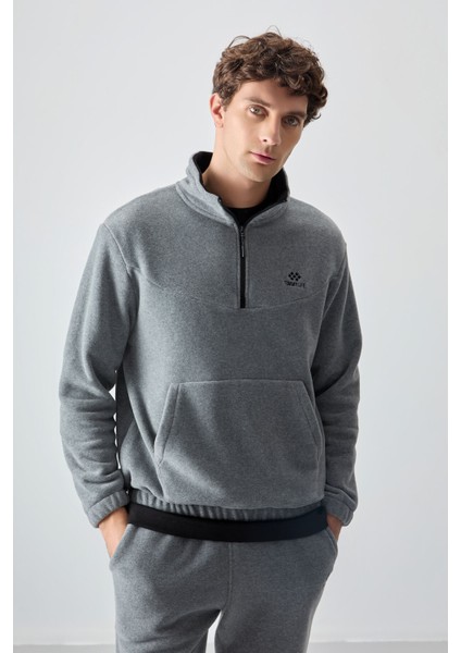 Gri Melanj Yarım Fermuar Dik Yaka Lastik Paça Polar Erkek Eşofman Takımı - 85159
