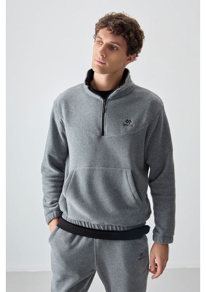 Gri Melanj Yarım Fermuar Dik Yaka Lastik Paça Polar Erkek Eşofman Takımı - 85159