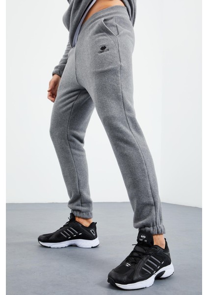 Gri Melanj Yarım Fermuar Dik Yaka Lastik Paça Polar Erkek Eşofman Takımı - 85159