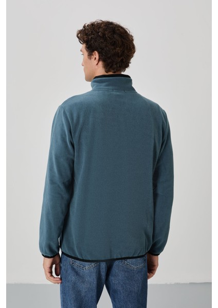 Petrol Yazı Nakışlı Dik Yaka Fermuarlı Standart Kalıp Erkek Sweatshirt Polar - 87992