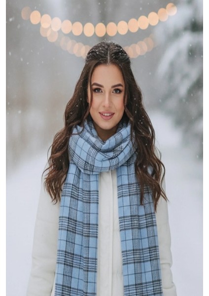 Mavi Renk Ekose Desenli Şal/atkı