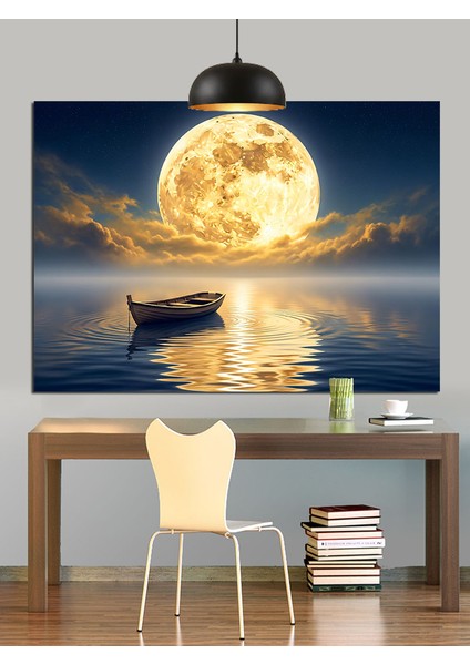 Dolunayda Gölde Tekne Dekoratif Kanvas - Mdf Ahşap Tablo