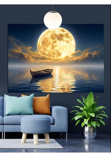 Dolunayda Gölde Tekne Dekoratif Kanvas - Mdf Ahşap Tablo fiyatları