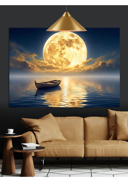 Dolunayda Gölde Tekne Dekoratif Kanvas - Mdf Ahşap Tablo modelleri