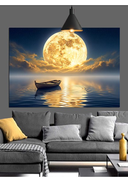 Dolunayda Gölde Tekne Dekoratif Kanvas - Mdf Ahşap Tablo fırsatları