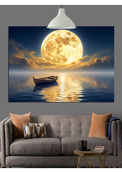 Dolunayda Gölde Tekne Dekoratif Kanvas - Mdf Ahşap Tablo indirimleri