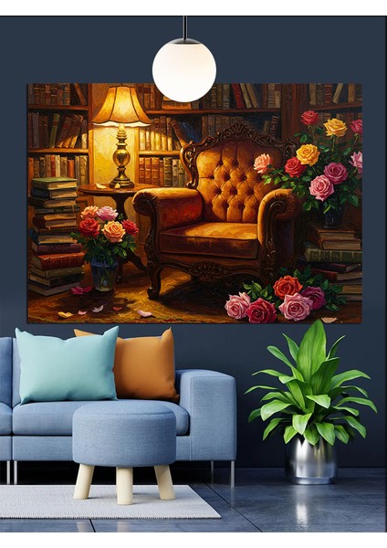 Çiçekli Kanepe ve Lamba Dekoratif Kanvas - Mdf Ahşap Tablo