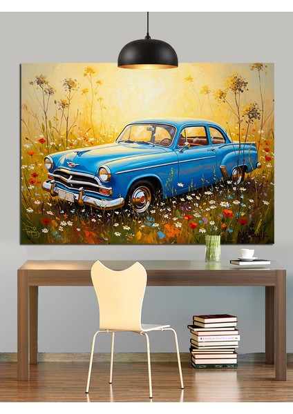 Mavi Klasik Amerikan Araba Dekoratif Kanvas - Mdf Ahşap Tablo