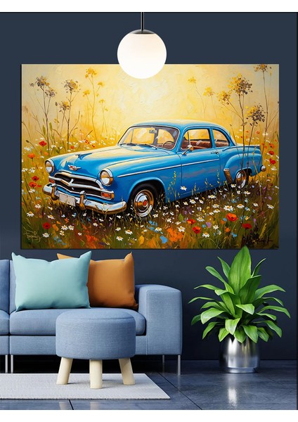 Mavi Klasik Amerikan Araba Dekoratif Kanvas - Mdf Ahşap Tablo fiyatları