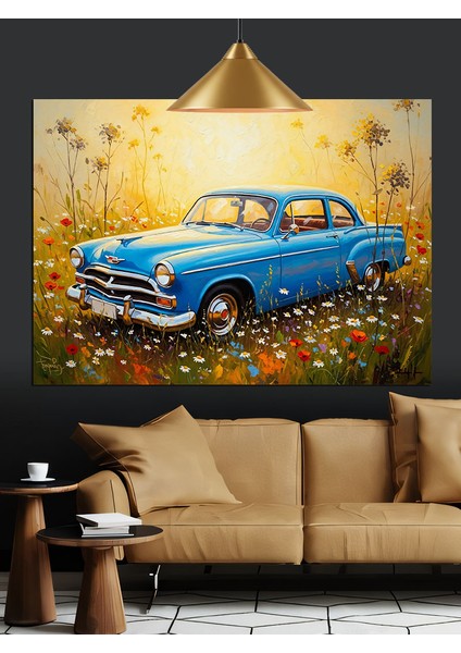 Mavi Klasik Amerikan Araba Dekoratif Kanvas - Mdf Ahşap Tablo modelleri