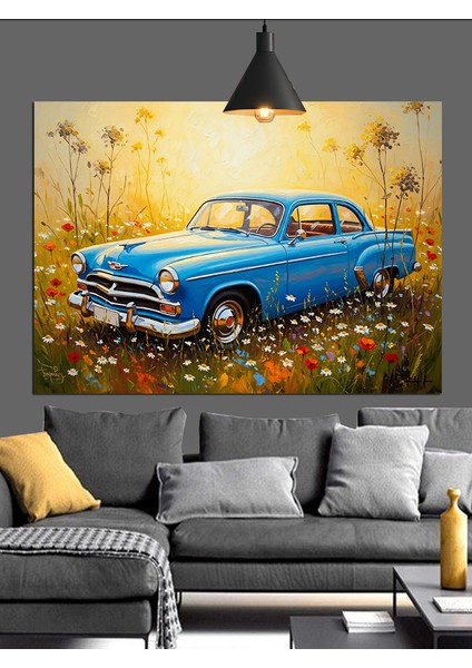 Mavi Klasik Amerikan Araba Dekoratif Kanvas - Mdf Ahşap Tablo fırsatları