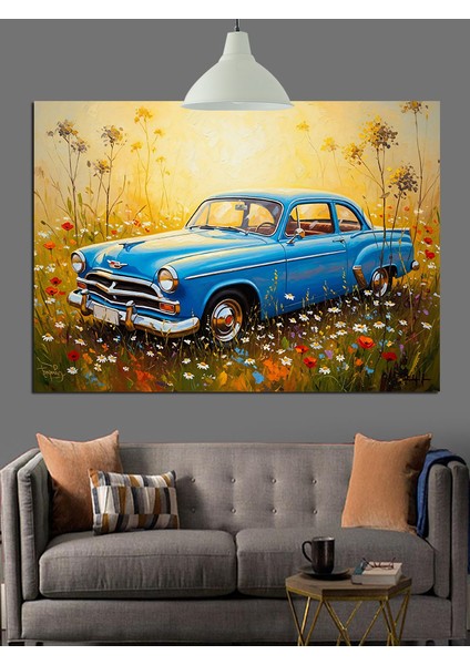 Mavi Klasik Amerikan Araba Dekoratif Kanvas - Mdf Ahşap Tablo indirimleri
