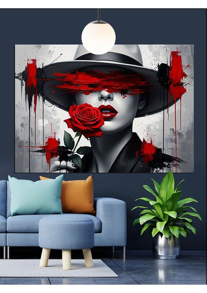 Şapkalı Kırmızı Rujlu Kadın Dekoratif Kanvas - Mdf Ahşap Tablo