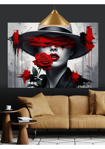 Şapkalı Kırmızı Rujlu Kadın Dekoratif Kanvas - Mdf Ahşap Tablo fiyatları