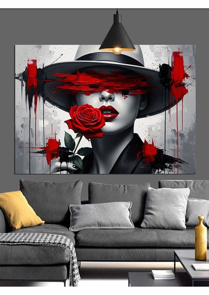 Şapkalı Kırmızı Rujlu Kadın Dekoratif Kanvas - Mdf Ahşap Tablo modelleri