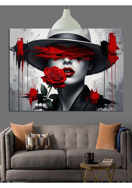 Şapkalı Kırmızı Rujlu Kadın Dekoratif Kanvas - Mdf Ahşap Tablo fırsatları