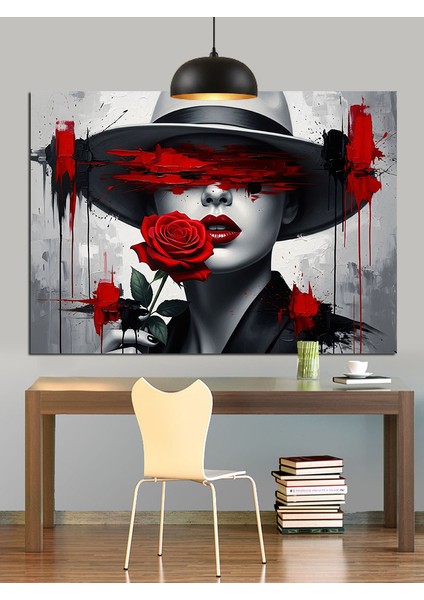 Şapkalı Kırmızı Rujlu Kadın Dekoratif Kanvas - Mdf Ahşap Tablo indirimleri