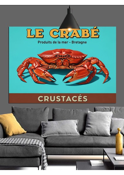 Yengeç Deniz Ürünü Vintage Etiket Dekoratif Kanvas - Mdf Ahşap Tablo