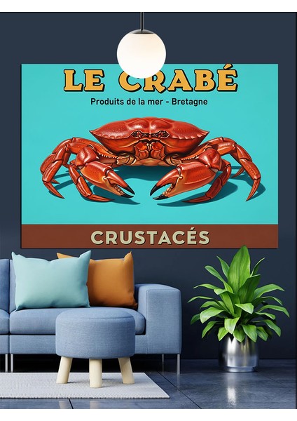 Yengeç Deniz Ürünü Vintage Etiket Dekoratif Kanvas - Mdf Ahşap Tablo fırsatları