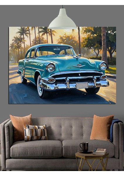 Vintage Mavi Araba Yan Dekoratif Kanvas - Mdf Ahşap Tablo