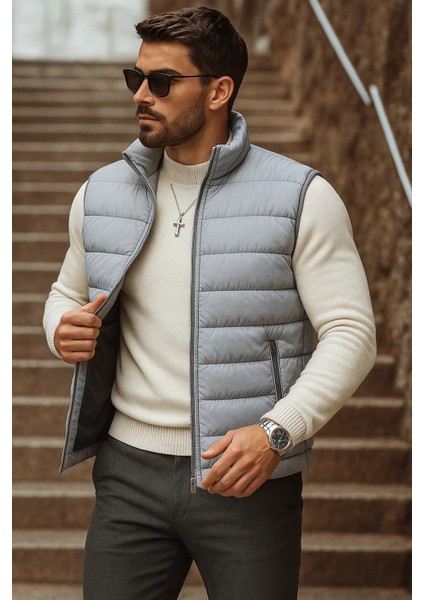 Erkek Cepli Kışlık Fermuarlı Basic Gri Şişme Yelek