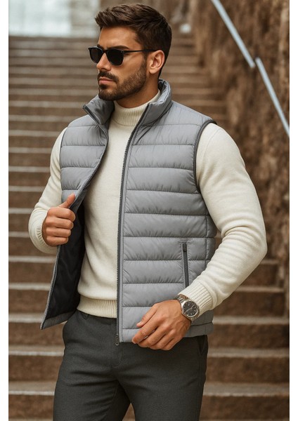 Erkek Cepli Kışlık Fermuarlı Basic Gri Şişme Yelek fiyatları
