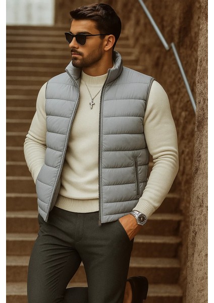 Erkek Cepli Kışlık Fermuarlı Basic Gri Şişme Yelek modelleri