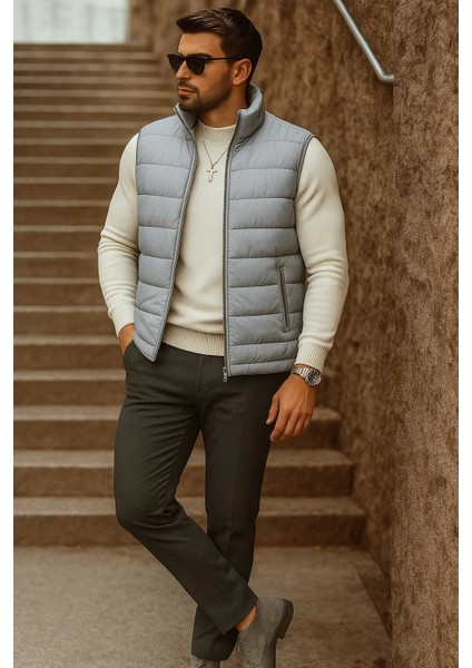 Erkek Cepli Kışlık Fermuarlı Basic Gri Şişme Yelek fırsatları