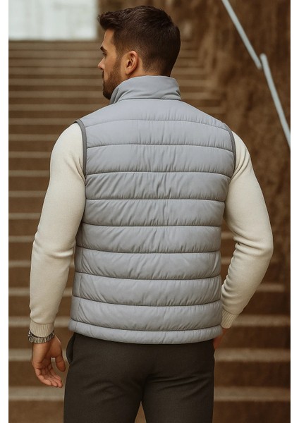 Erkek Cepli Kışlık Fermuarlı Basic Gri Şişme Yelek indirimleri