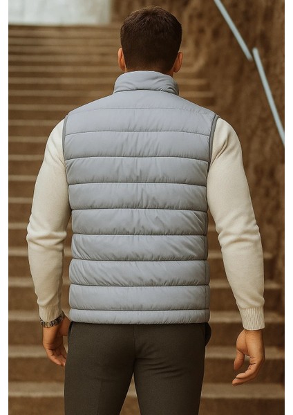 Erkek Cepli Kışlık Fermuarlı Basic Gri Şişme Yelek